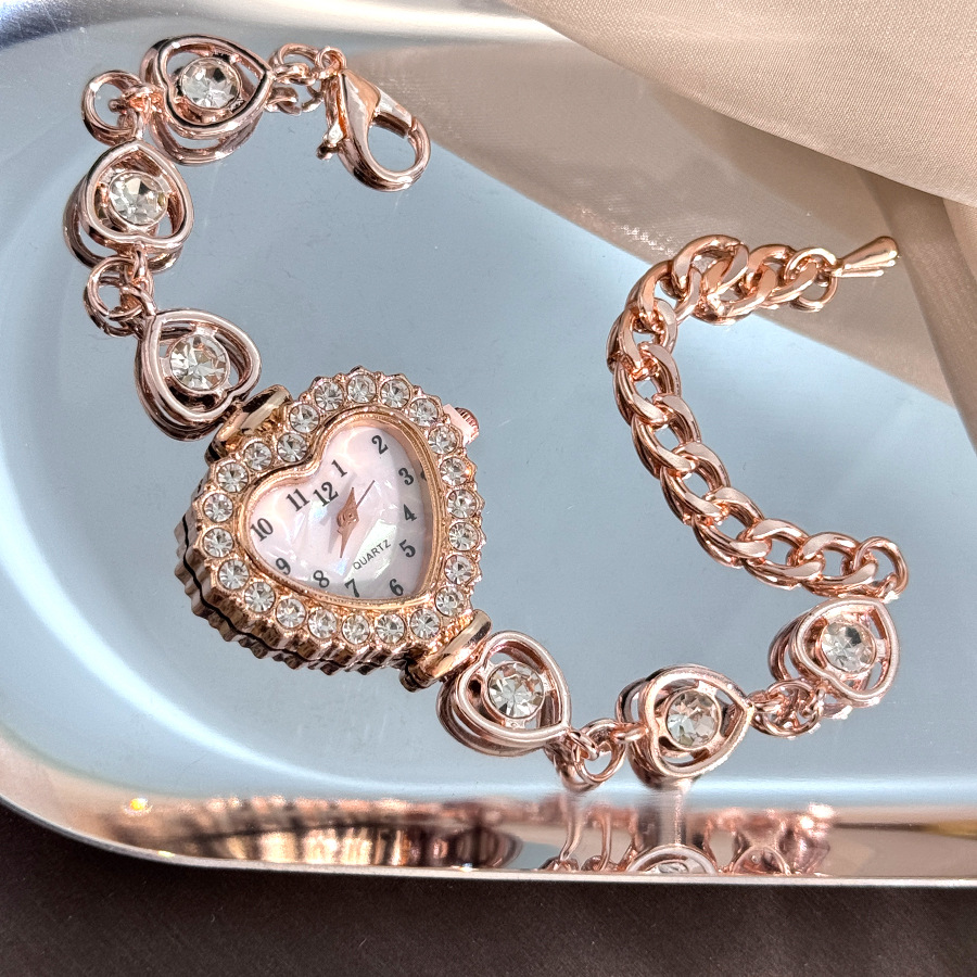 跨境合金爱心镶钻女士石英手表满钻桃心数字女学生可调节龙虾扣手