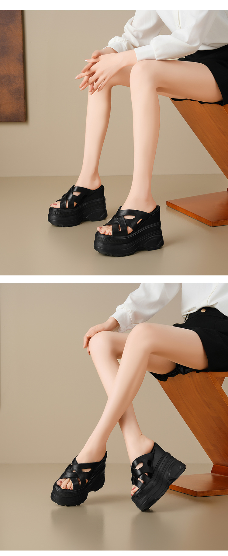 Sandal đế xuồng cao gót 14 cm quai chéo hở mũi mùa hè — Màu nâu, Màu đen, Màu trắng chi tiết 11