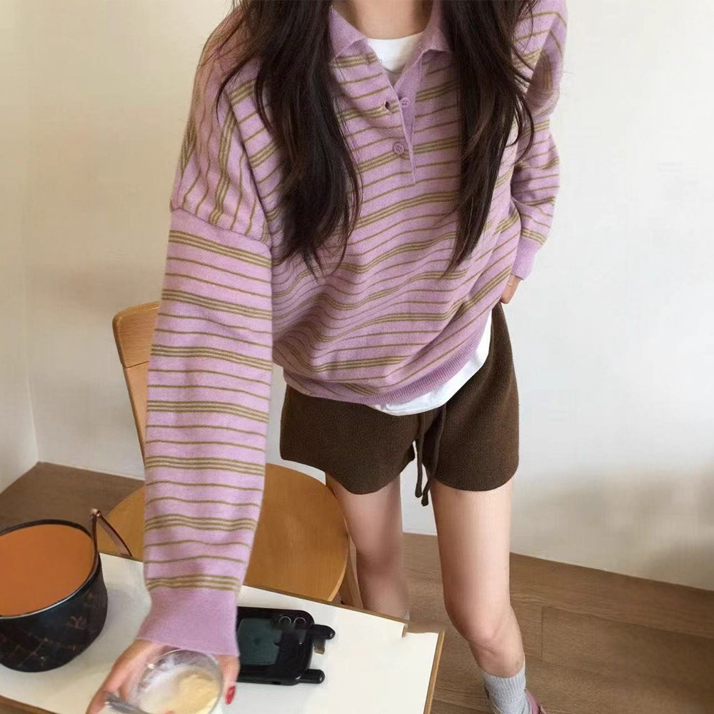 unum韩国代购2025早秋新款复古条纹长袖polo领针织衫女韩系毛衣