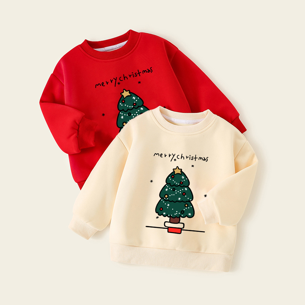 男女童新年圣诞节儿童服装氛围感衣服装红色加绒洋气秋冬加绒卫衣