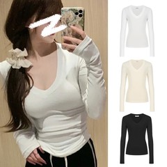 2025早秋上衣女装纯色内搭打底衫春秋修身收腰显瘦百搭v领长袖t恤