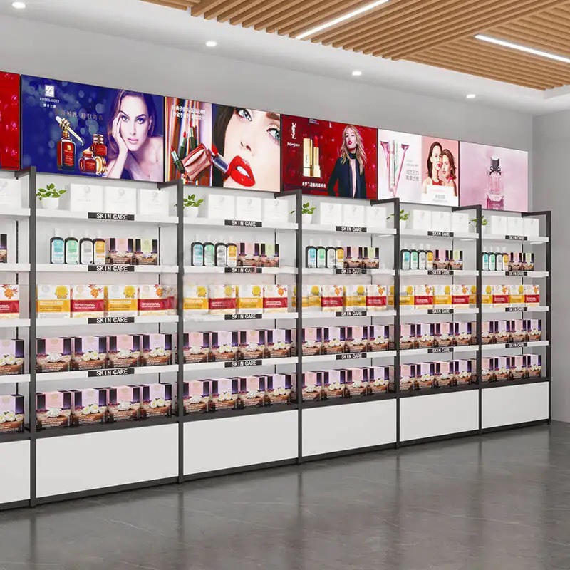 Estanterías de acero y madera para joyería, cosméticos, supermercados, centros comerciales, vitrinas de exhibición, armarios de almacenamiento comerciales multicapa personalizados para supermercados.
