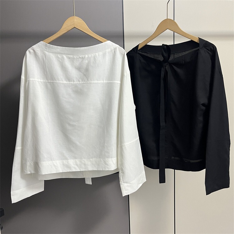 0348 Women's Spring Style Shirt with Cut Tags, Simple and Elegant Design with Back Tie, Boat Neck, Loose Fit, Long Sleeves Dp859 0348 Women's Spring Style Shirt with Cut Tags, Simple and Elegant Design with Back Tie, Boat Neck, Loose Fit, Long Sleeves Dp859