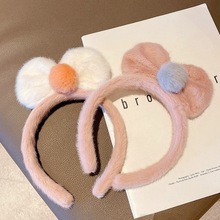 秋冬羊羔毛发箍女韩国可爱卡通蝴蝶结耳朵兔毛绒绒发卡洗脸发发饰