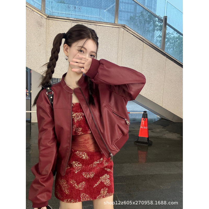 早春季美式安可拉红色皮衣外套女高级感2025新款小个子短款夹克|undefined