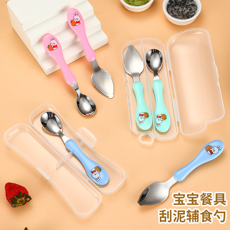 Baby 304 stainless steel mud scraper suit children's spoon infant food supplement spoon Apple mud spoon fruit spoon