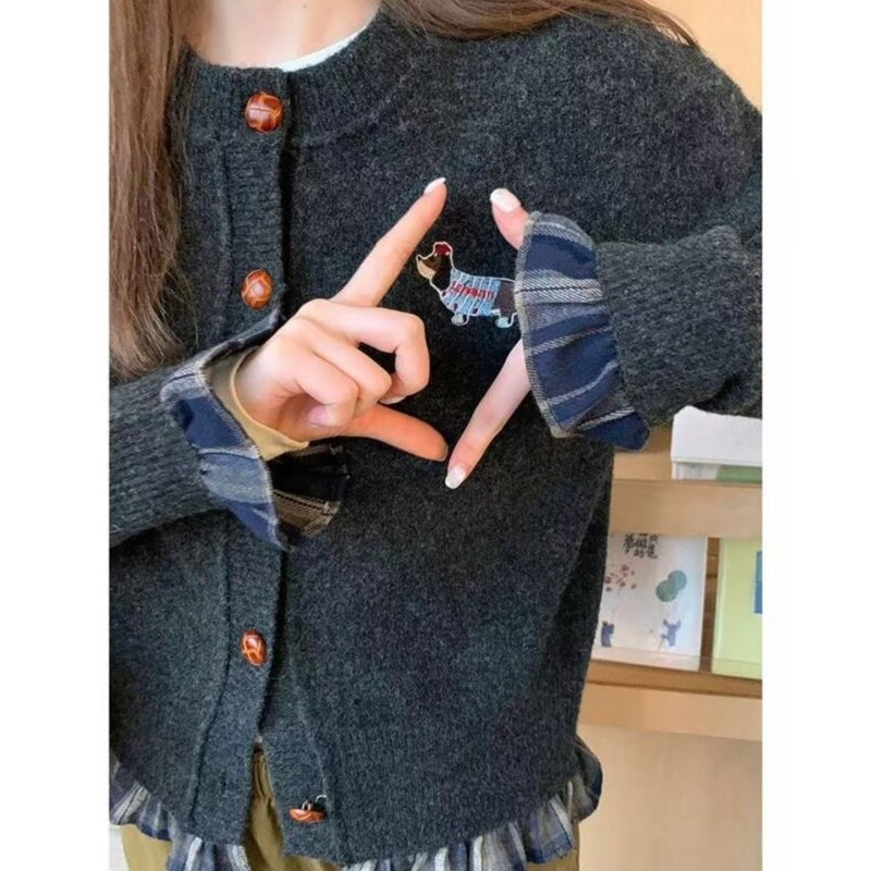 韩系秋冬新款拼接高级开衫毛衣女上衣设计感慵懒风学院外套针织衫|undefined