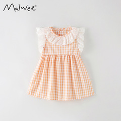 Malwee Girls' Summer Dress New Arrival European and American Middle and Small Children's Casual Checkered Skirt Trendy Princess Dress