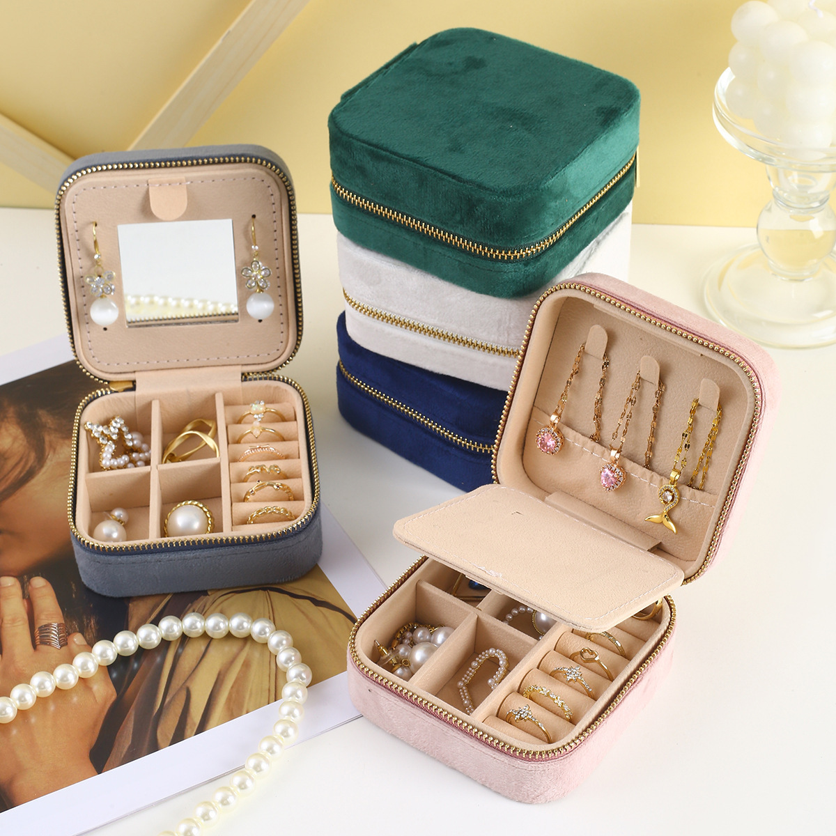 Velvet Jewelry Box, Compact Portable Travel Zipper Bag, Necklace, Ring, Earrings, Jewelry Mirror, Jewelry Storage Box