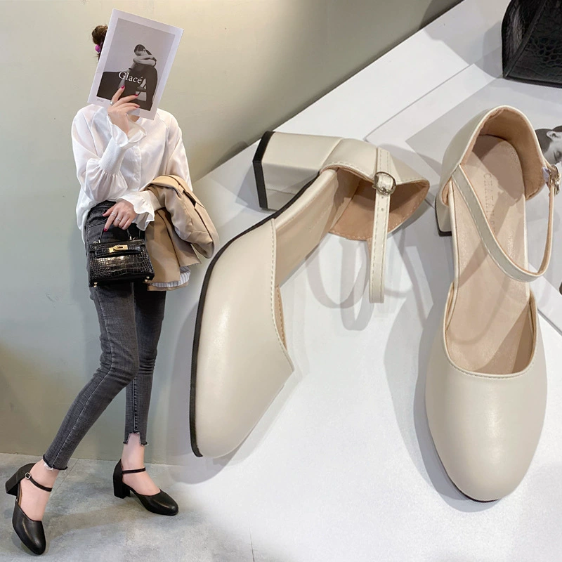 Туфли на высоком каблуке женщины 2024 года новые круглые головы простые простые одиночные туфли женские пуговицы толстые каблуки высокие каблуки женские туфли на высоком каблуке