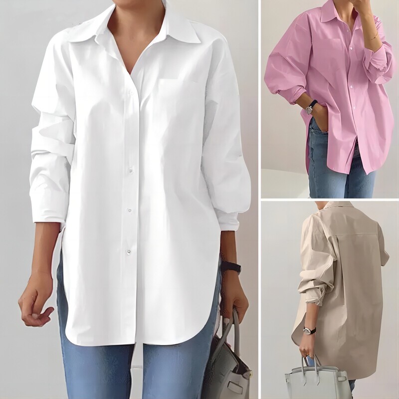 Elegant Lapel Long Sleeve Shirt 2026 Fashion Women's Spring and Autumn Solid Color Slit Hem Oversized Ol Work Shirt