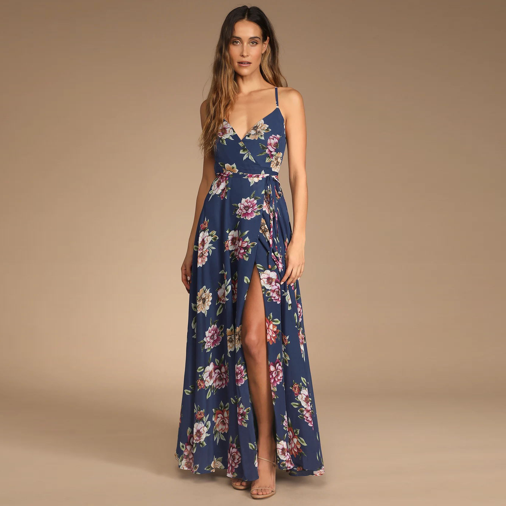 V-neck suspender backless slit floral print dress NSMDF126481