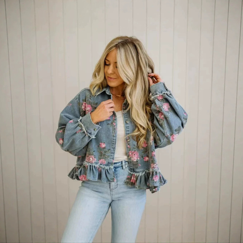 European and American New Cross-Border Amazon Vintage Washed Denim Jacket Floral Print Loose Fashion Long-Sleeve Shirt for Women