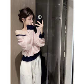 TiTi美少女复古粉色拼色V领软糯薄款毛绒绒毛衣温柔甜美上衣