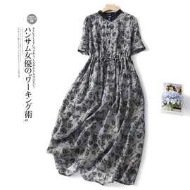 外贸折扣尾单女装棉麻碎花衬衫连衣裙收腰显瘦宽松减龄亚麻中长裙