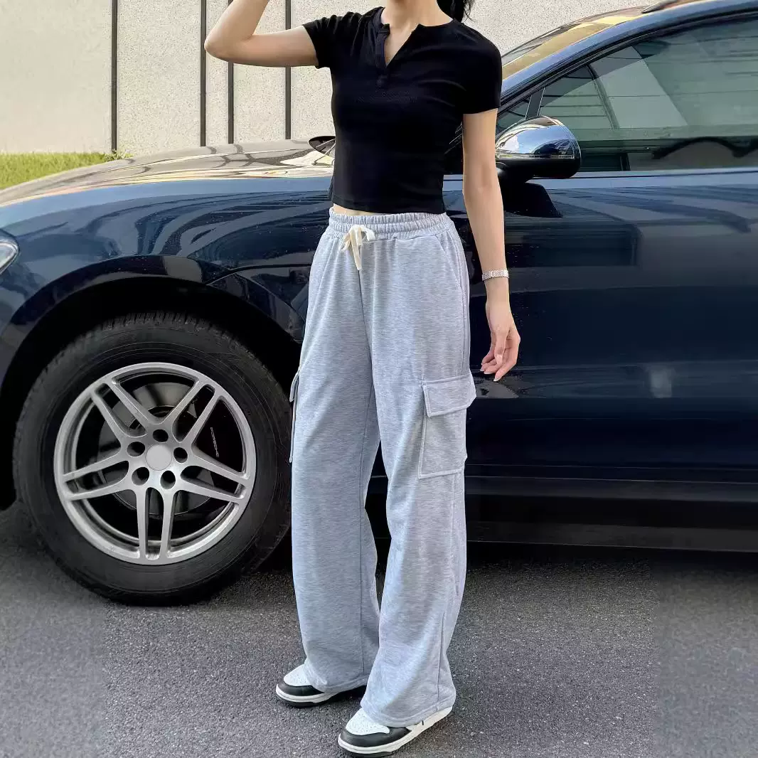 潮流女裤跨境ins潮流工装裤口袋拉链长裤街头宽松直筒裤拖地长裤