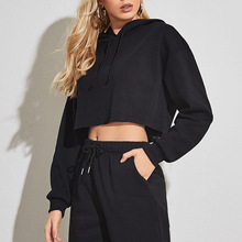 亚马逊wish欧美跨境外贸独立站2024秋冬季宽松短款露脐连帽卫衣女