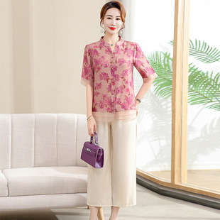 New Middle-aged and Elderly Women's Summer Dress Fashionable Stylish Age-reducing Two-piece Mid-sleeve Shirt Loose suit for Small Mother