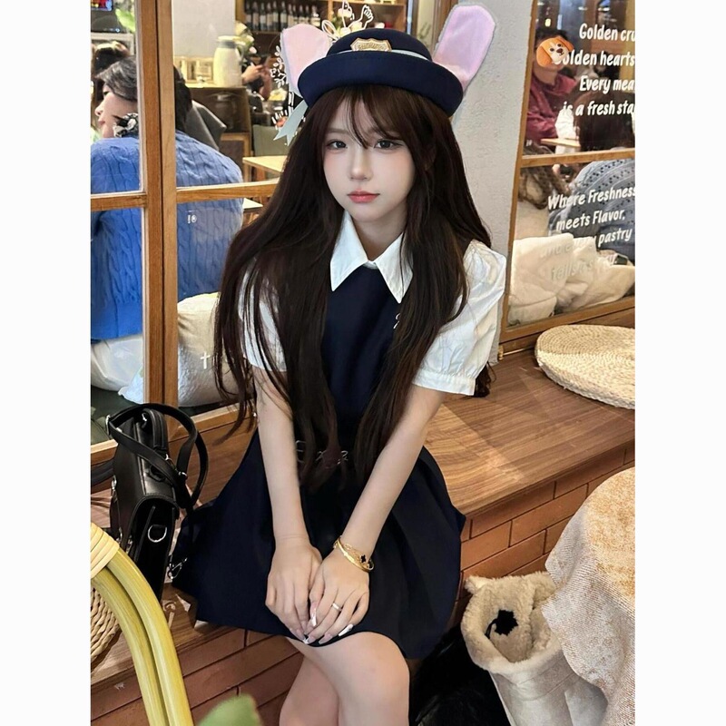 两件/套装学院风甜美设计感高腰百褶无袖连衣裙子女学生+白色衬衫|undefined