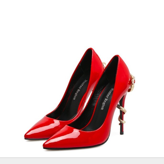Foreign trade shoes 2020 Spring red patent leather women's stiletto heels pointed toe shallow mouth metal snake heel nightclub shoes
