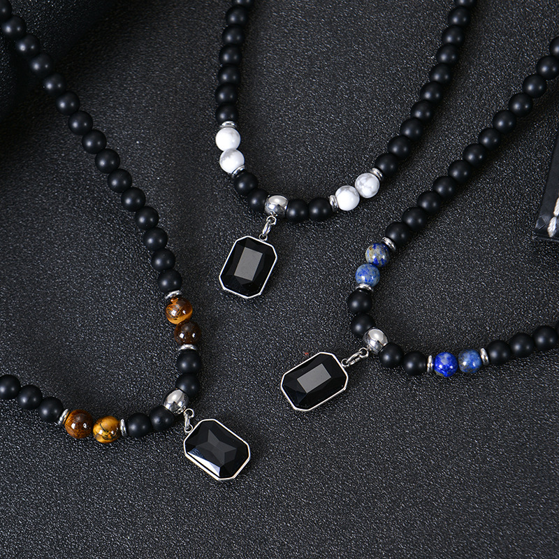 natural stone Material Geometric Pattern Hip-Hop Geometric Natural Stone Titanium Steel Unisex Necklace Men Beaded Necklaces