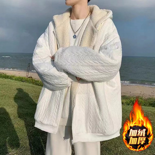 Lamb Fleece Thickened Jacket Men's Hong Kong Style Hooded Cotton Coat Winter fleece-lined Warm Cotton Coat Jacket