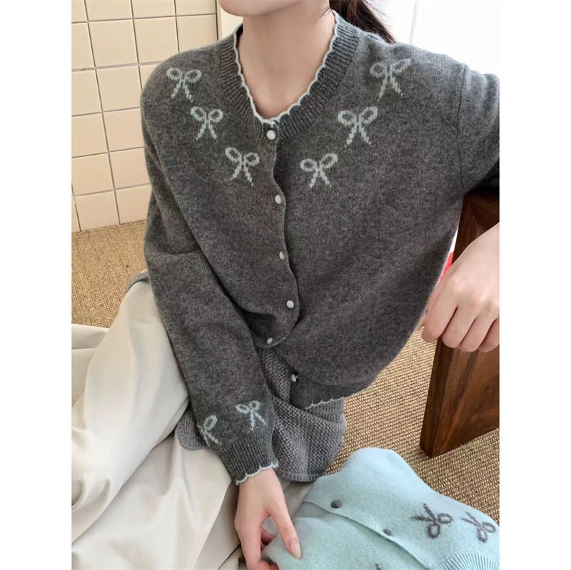 韩系温柔蝴蝶结刺绣浣熊绒针织开衫女2025秋季新款软糯毛衣外套|undefined
