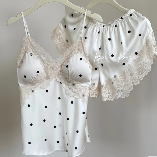 Korean Style Pajamas Women's Summer Thin Ice Silk Sling Shorts suit Sweet Style Dot Lace Nightgown Home Clothes