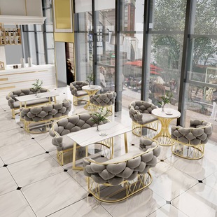 Modern Light Luxury Cafe Card Holder Milk Tea Shop Table and Chair Combination Sales Department Reception Negotiation Fabric Sofa Simple