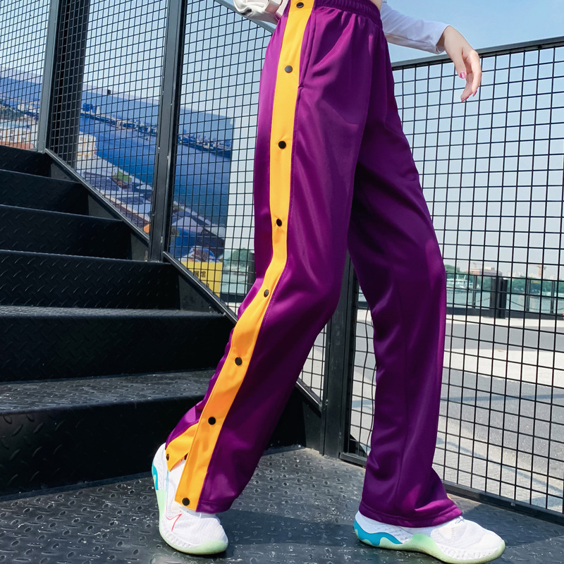 批發運動休閑排扣褲子男女側邊全開紐扣寬松平束腳褲訓練籃球長褲