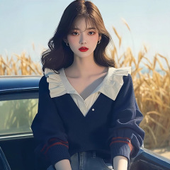 藏蓝色木耳边V领毛针织衫2025早秋季新款女慵懒松弛chic别致上衣