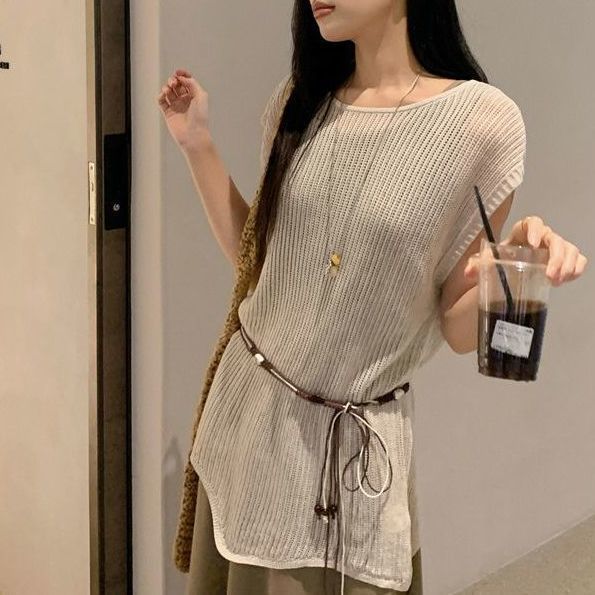 简约复古套装女夏季新款休闲慵懒风针织罩衫纯色背心连衣裙两件套|undefined