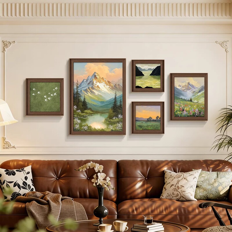 Medieval-Style Decorative Painting with a Mountain Backdrop for the Living Room, French Retro High-End Sofa Background Wall Hanging Painting, Green Landscape Medieval-Style Decorative Painting with a Mountain Backdrop for the Living Room, French Retro High-End Sofa Background Wall Hanging Painting, Green Landscape