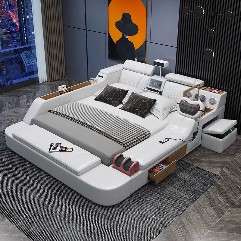 Cama de cuero genuino, cama doble de 1,8 metros, cama suave multifuncional inteligente con almacenamiento para dormitorio principal de 1,5 metros, cama de matrimonio moderna y minimalista. image 10