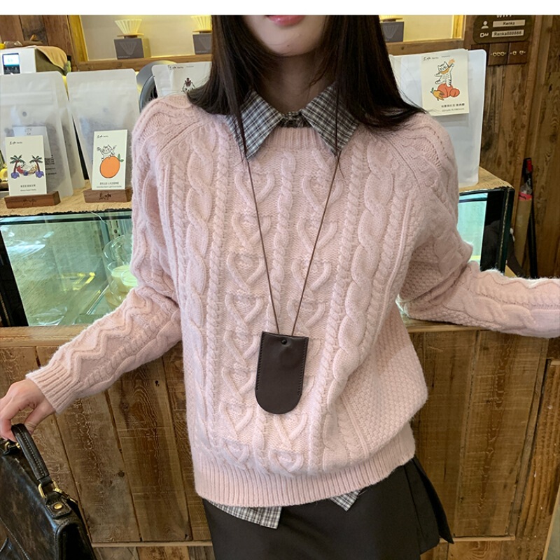 Pink Twist Round Neck Pullover Loose Knitted Thick Sweater Women's Autumn and Winter New Lazy Style Outer Wear Age-Reducing Top Pink Twist Round Neck Pullover Loose Knitted Thick Sweater Women's Autumn and Winter New Lazy Style Outer Wear Age-Reducing Top