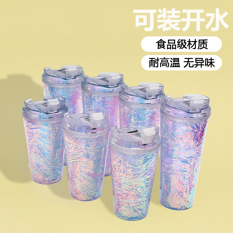 跨境创意毛条双层吸管杯 翻盖简约纯色直饮水杯 厂家直供塑料杯子|undefined