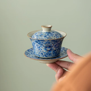 中式汝窑青花开片可养功夫茶具套装家用办公陶瓷盖碗茶杯泡茶整套