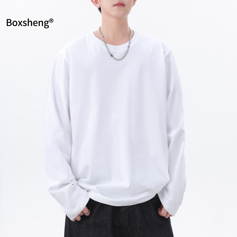 American Basic Style Drop-Shoulder Long-Sleeve T-Shirt for Men, Spring and Autumn Loose Round-Neck Sports Base Shirt, Spring Pure Cotton Sweatshirt