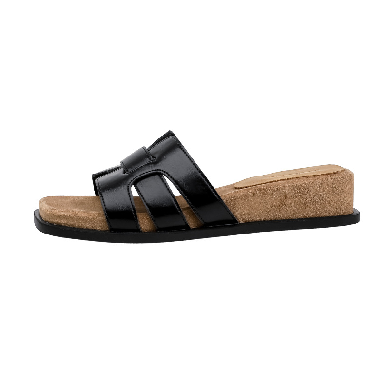 Cowhide Version! Wedge Thick-Soled For Women Summer Outdoor 2025 New French Style Elegant Sandals Square-Toed One-Strap_vogvips.com