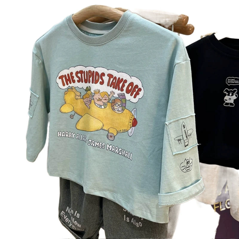 Spring children's cartoon long-sleeve, stickers for men and women, patch, T-shirt, loose fit, western style