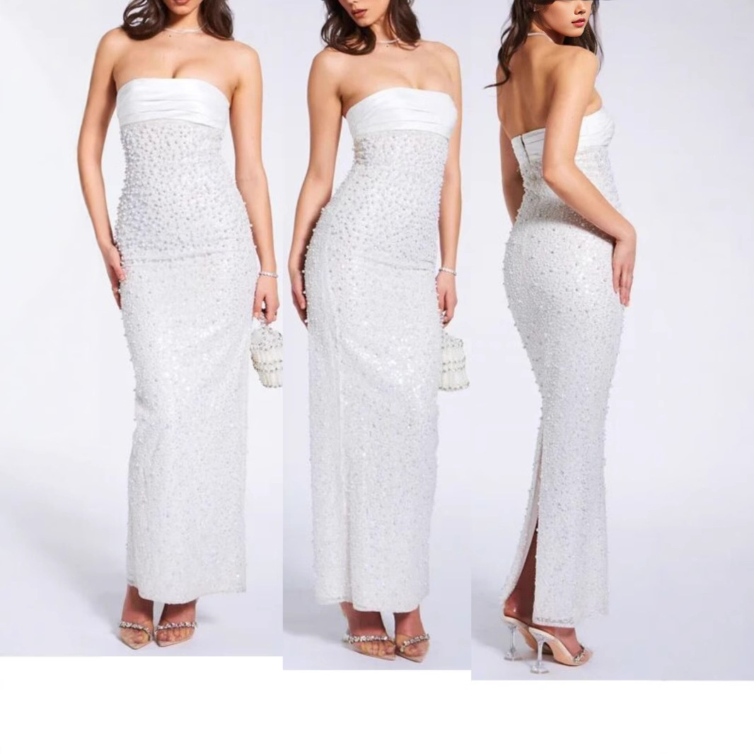 2025年跨境抹胸收腰性感重工豪华珍珠 珠片 晚礼服