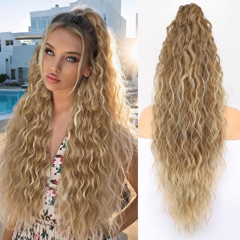 European and American Style Long Wavy Curly Hair Ponytail Wig with Corn Curls and Claw Clip, Made of Synthetic Fiber with High-Temperature Silk