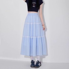 休闲百搭气质大摆蓝色格子半身裙女夏季韩版甜美高腰a字蛋糕长裙