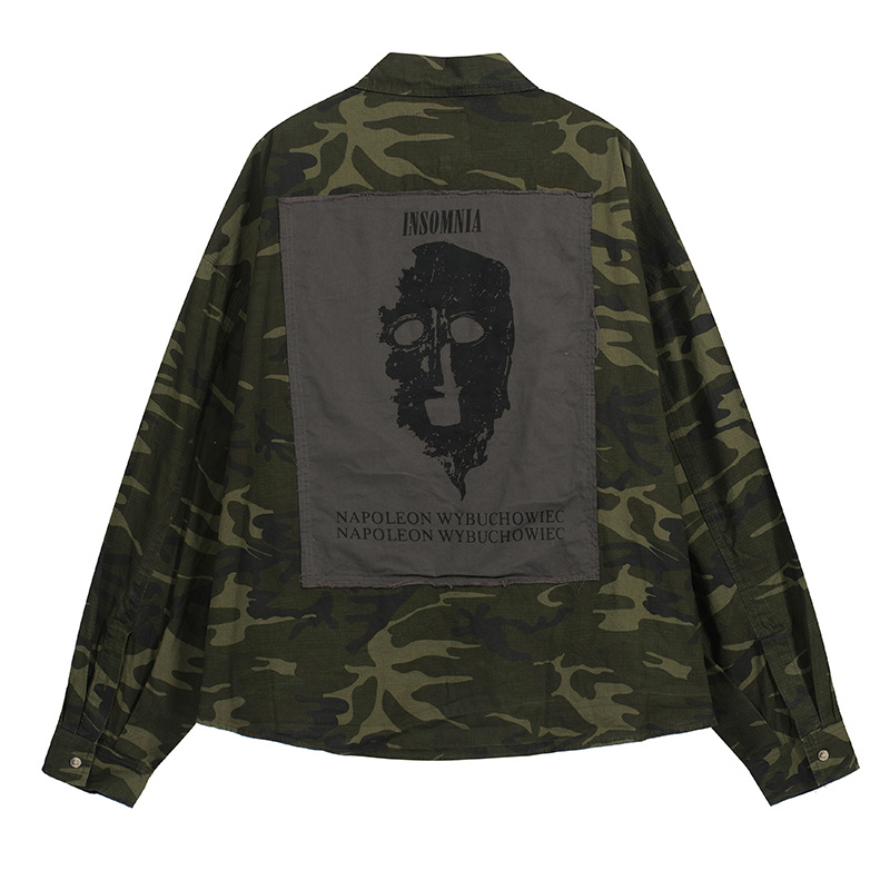 Calle undermycar lavado viejo oscuro Plaid Patch camuflaje hombres delgados y mujeres camisa casual suelta moda