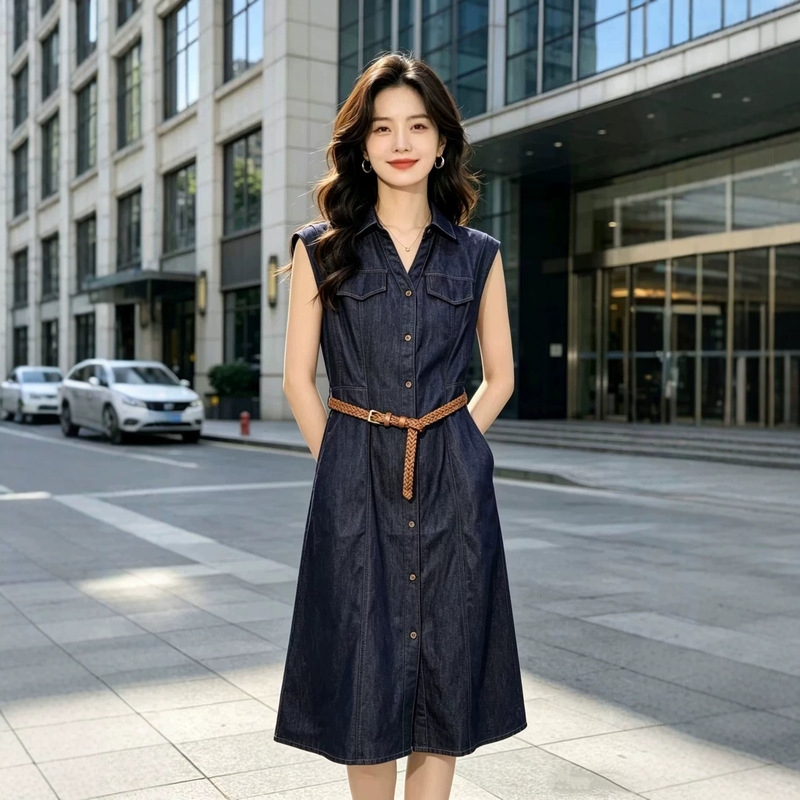 Yi** mall's same style 2026 summer new product: Commuting simple waist-cinching slim-fit lapel sleeveless denim dress Yi** mall's same style 2026 summer new product: Commuting simple waist-cinching slim-fit lapel sleeveless denim dress