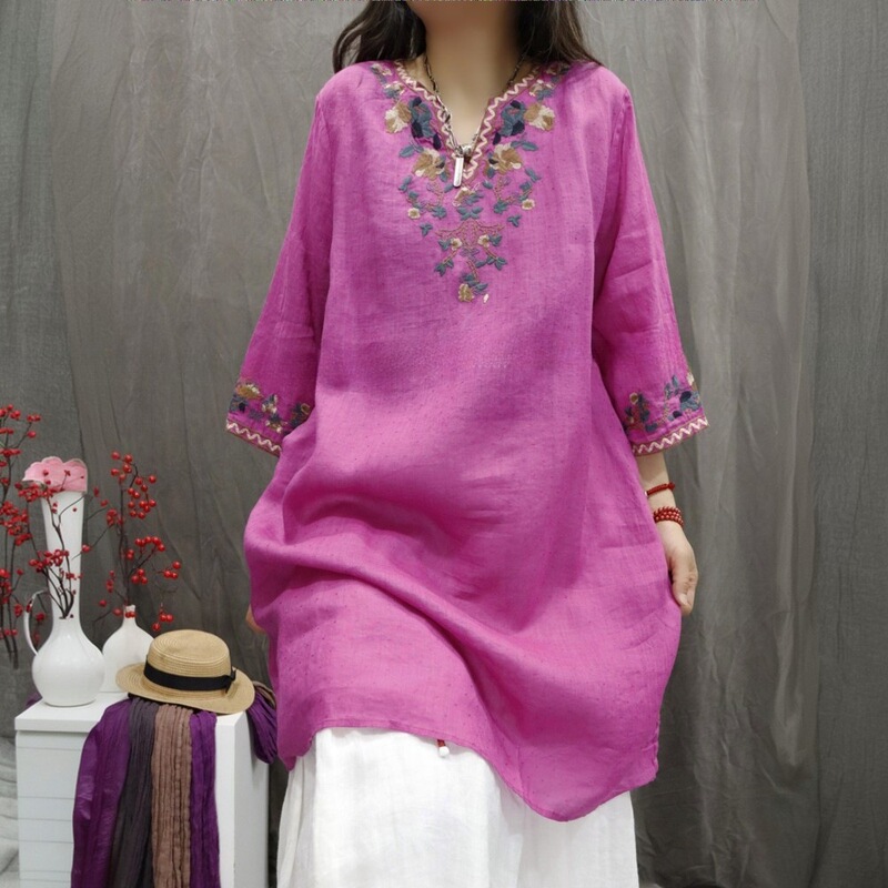 2026 Spring/Summer Vintage Ramie Heavy Embroidery Artistic Versatile Top Loose Stylish Mid-Length Casual Shirt Dress