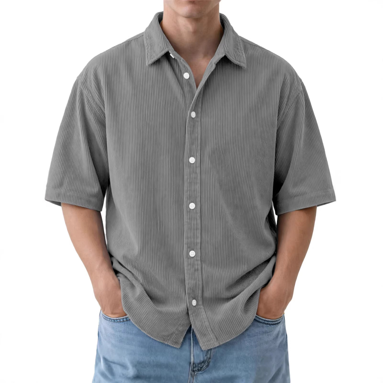 2026 Summer Retro Shirts: Casual Loose-Fitting Solid Color Corduroy Polo With Flap Collar For Men_viptrois.com