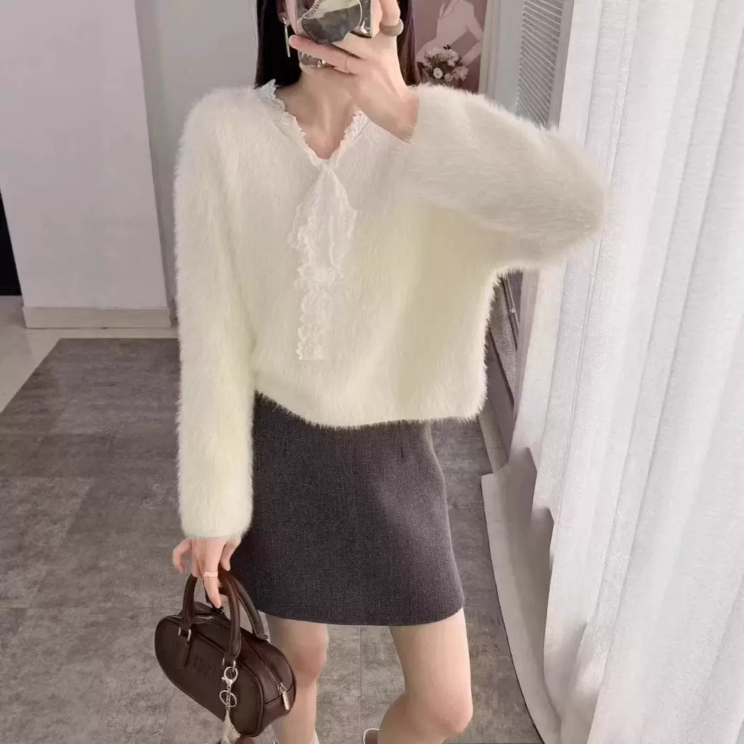 韩系水貂绒蕾丝系带针织毛衣女套头秋冬新款软糯短款打底衫上衣潮