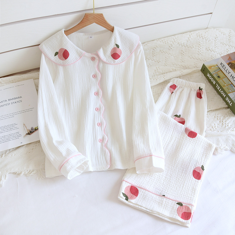 Crepe Doll Collar Cute Pajamas Women's Autumn and Winter Washed Cotton Long-sleeved Ankle-length Pants Girl's Home Clothes Set