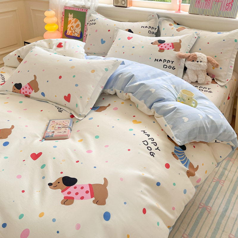 Xiaokaba algodón fresco de cuatro piezas, sábanas de algodón, ropa de cama de tres piezas para estudiantes.